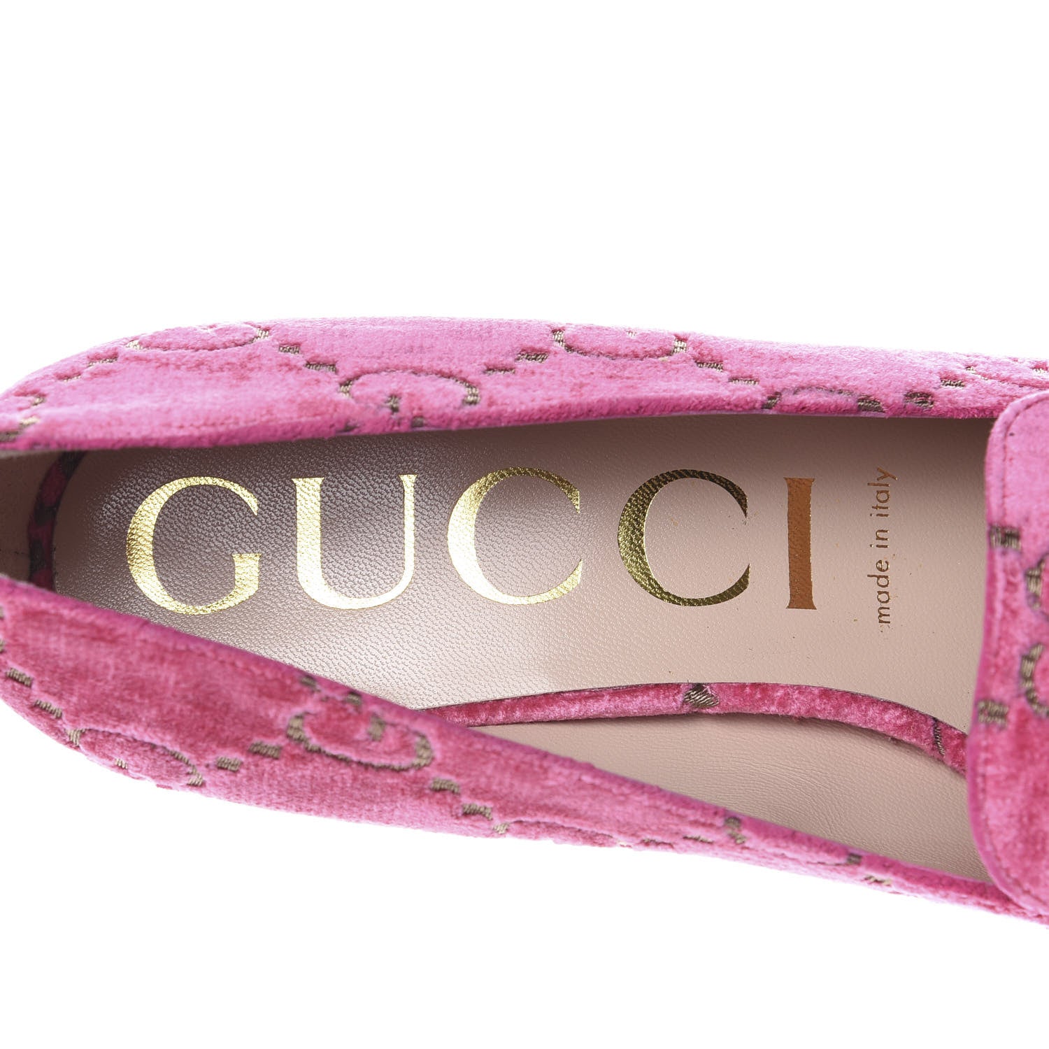 Gucci Velvet GG Monogram Sylvie Web Chain Mid Heel Loafers 40 Bright Pink 7 of 9