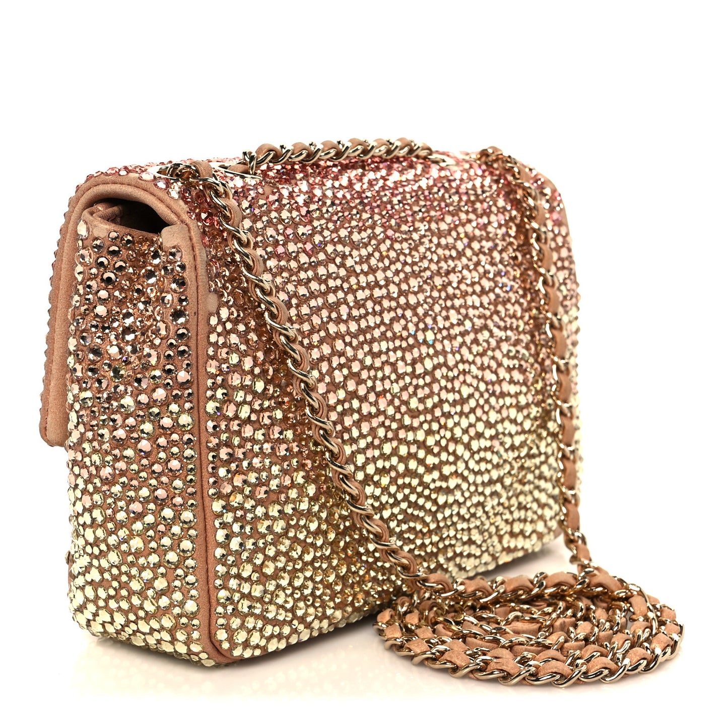 Suede Calfskin Crystal Mini Flap Pink Golden