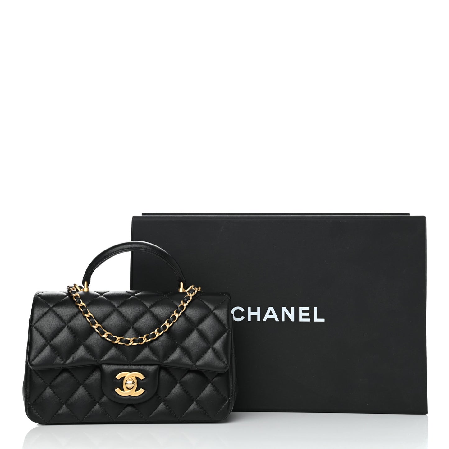 Lambskin Quilted Mini Top Handle Rectangular Flap Black