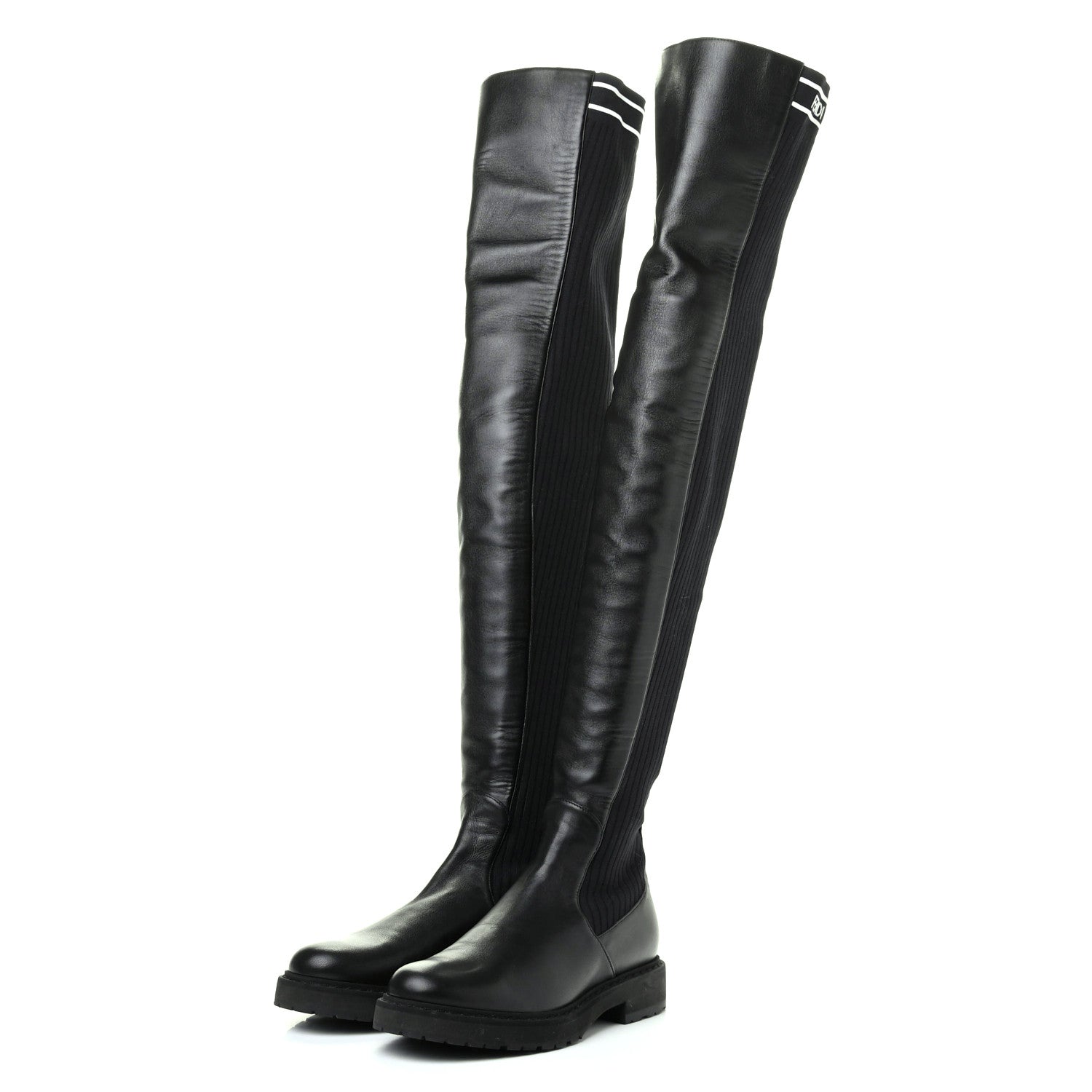 Fendi Nappa Stretch Fabric Logo Rockoko Thigh High Boots 36 Black White 3 of 7