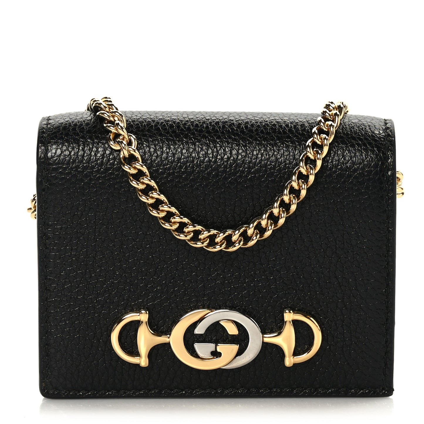 Grainy Calfskin Zumi Chain Card Case Wallet Black