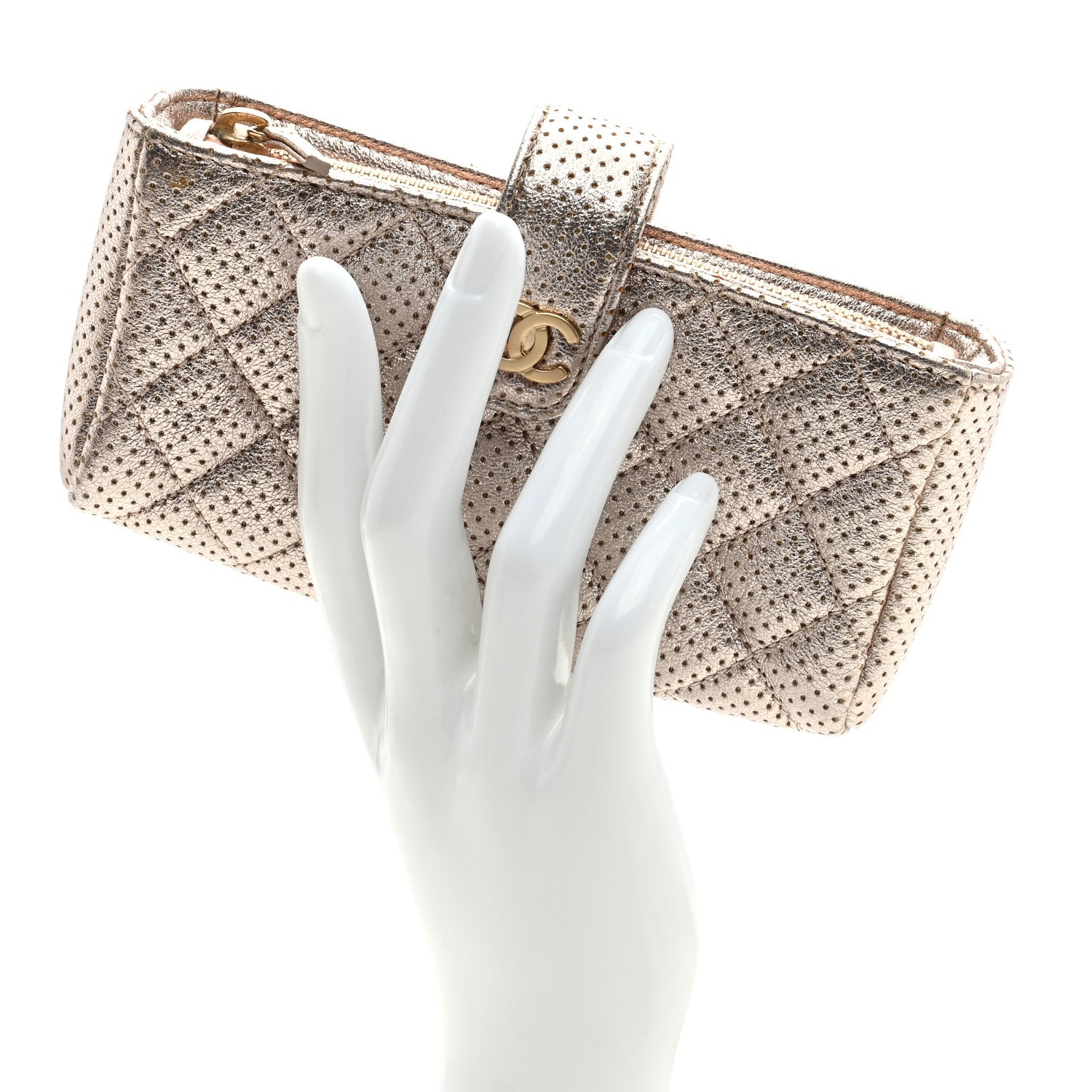 Chanel Perforated Lambskin Quilted Mini Phone Holder Clutch Gold 2 of 8