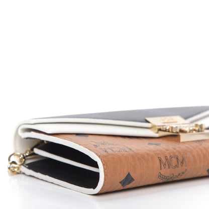 MCM Calfskin Visetos Monogram Patricia Color Block Wallet On Chain Cognac Black White 6 of 9