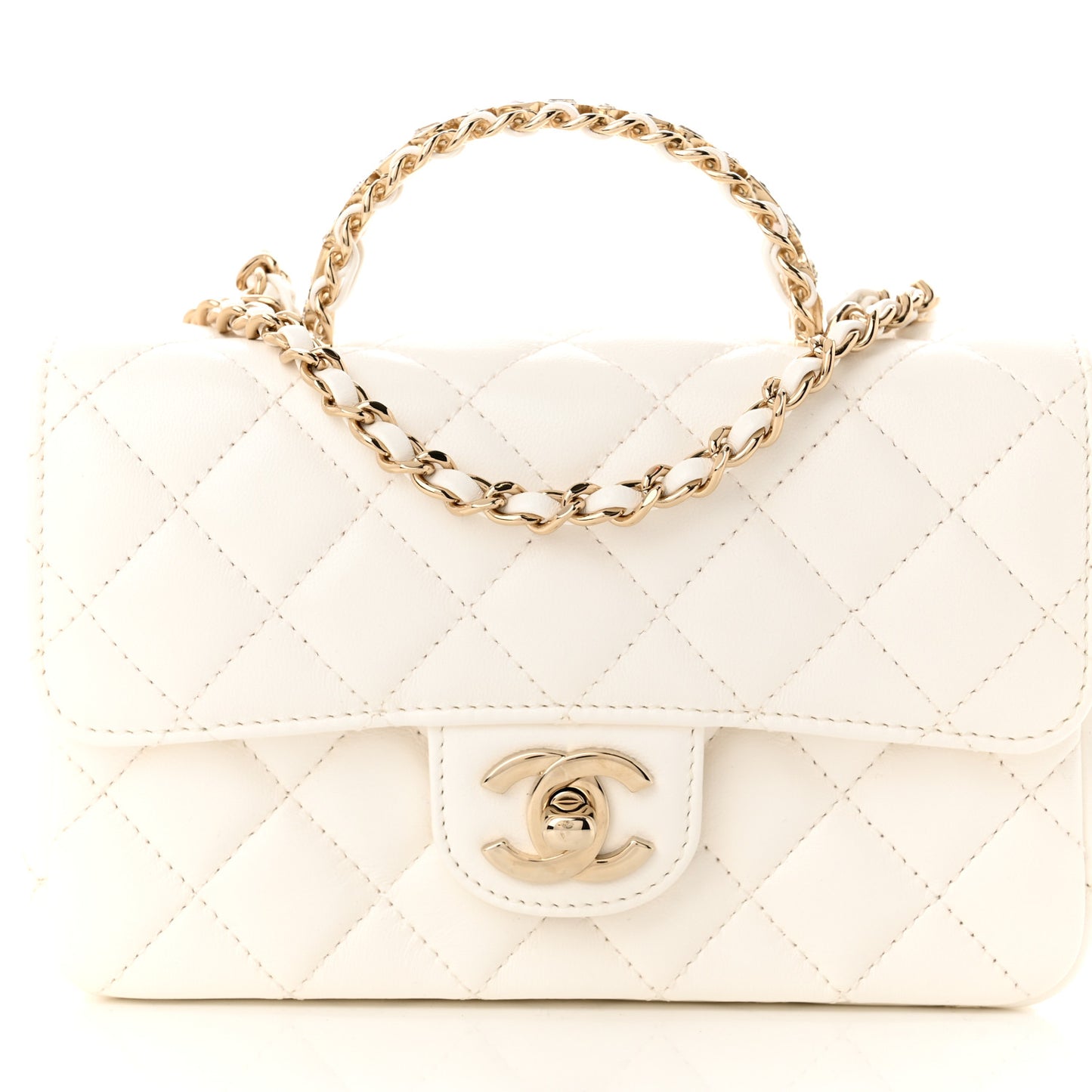 Lambskin Quilted Mini Crystal Top Handle Rectangular Flap White