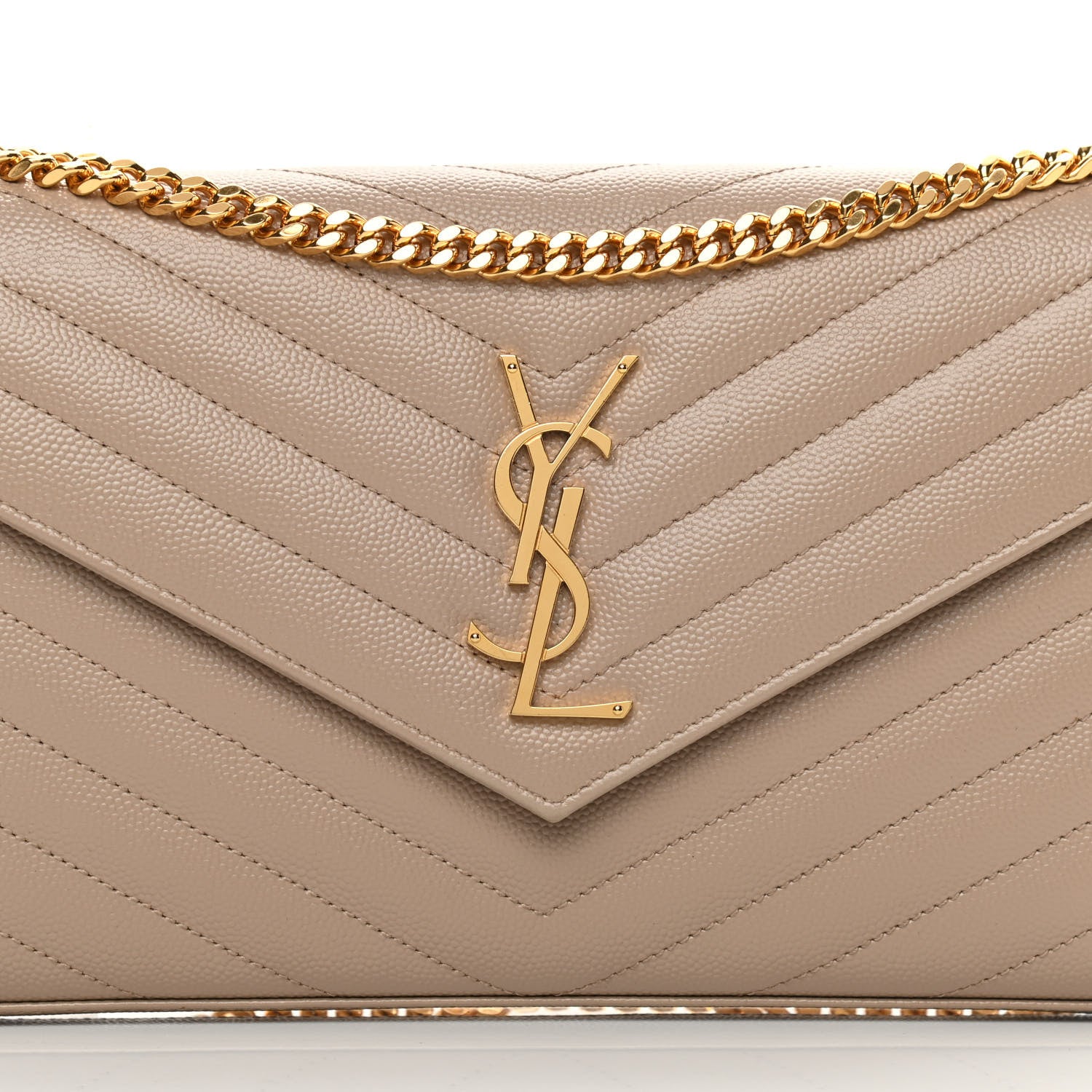 Saint Laurent Grain De Poudre Matelasse Chevron Monogram Chain Wallet Dark Beige 6 of 11