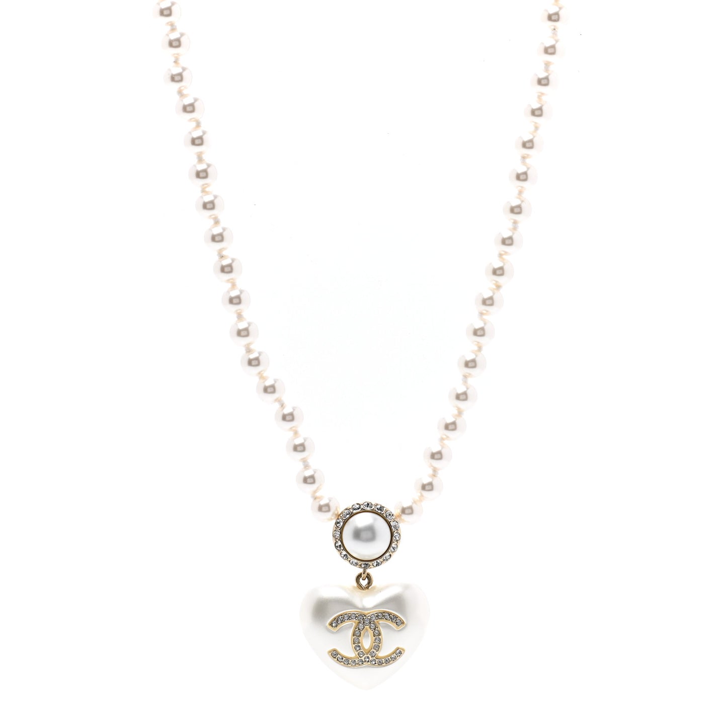 Pearl Crystal CC Heart Short Necklace Pearly White Gold