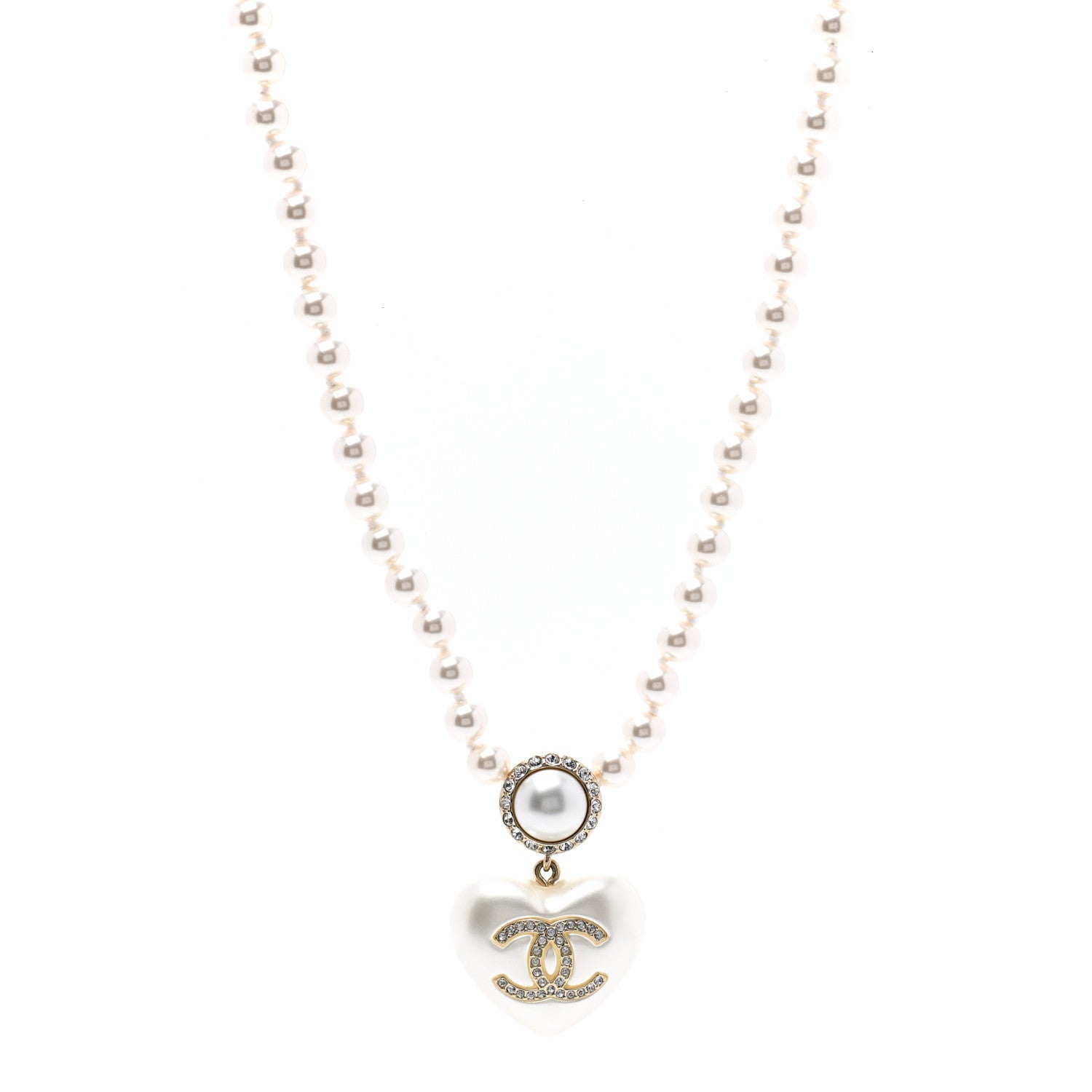 Chanel Pearl Crystal CC Heart Short Necklace Pearly White Gold 1 of 7