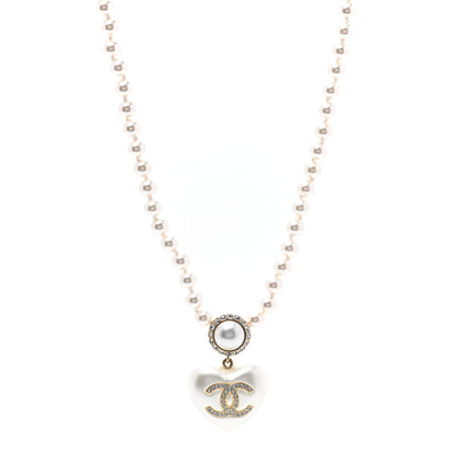 Chanel Pearl Crystal CC Heart Short Necklace Pearly White Gold 1 of 7