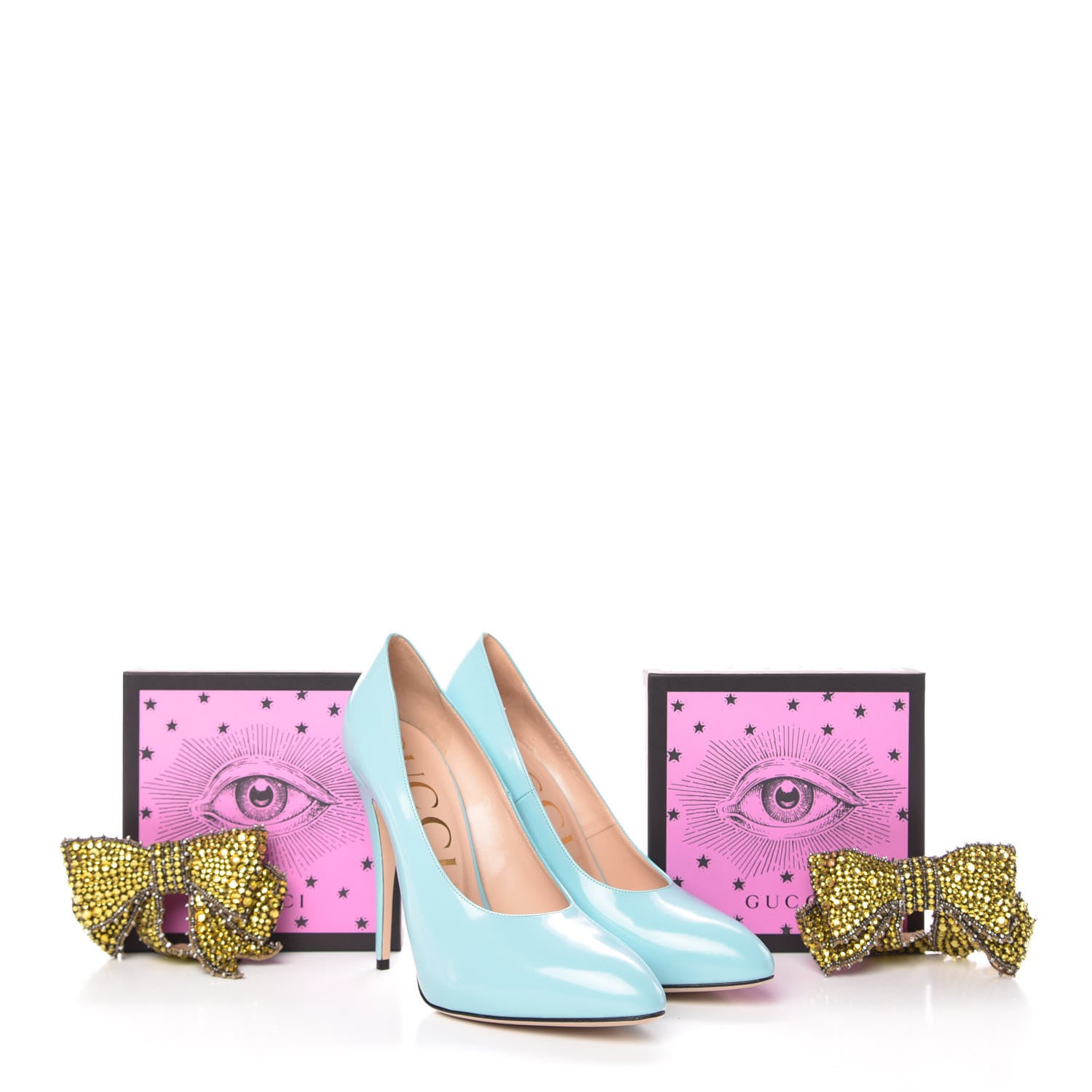 Gucci Regent Calfskin Crystal Removable Bow Elaisa Platform High Heel Pumps 40 New Aquamarine 10 of 10