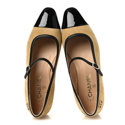 Chanel Suede Kidskin Lambskin Patent Calfskin Cap Toe CC Mary Jane Flats 39 Beige Black 2 of 11