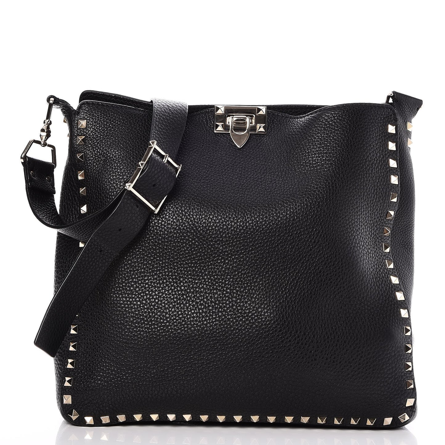 Pebbled Calfskin Large Rockstud Flip-Lock Messenger Bag Black