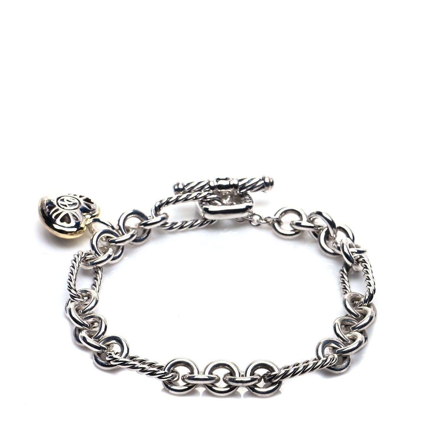 Sterling Silver 18K Yellow Gold Cable Heart Charm Bracelet