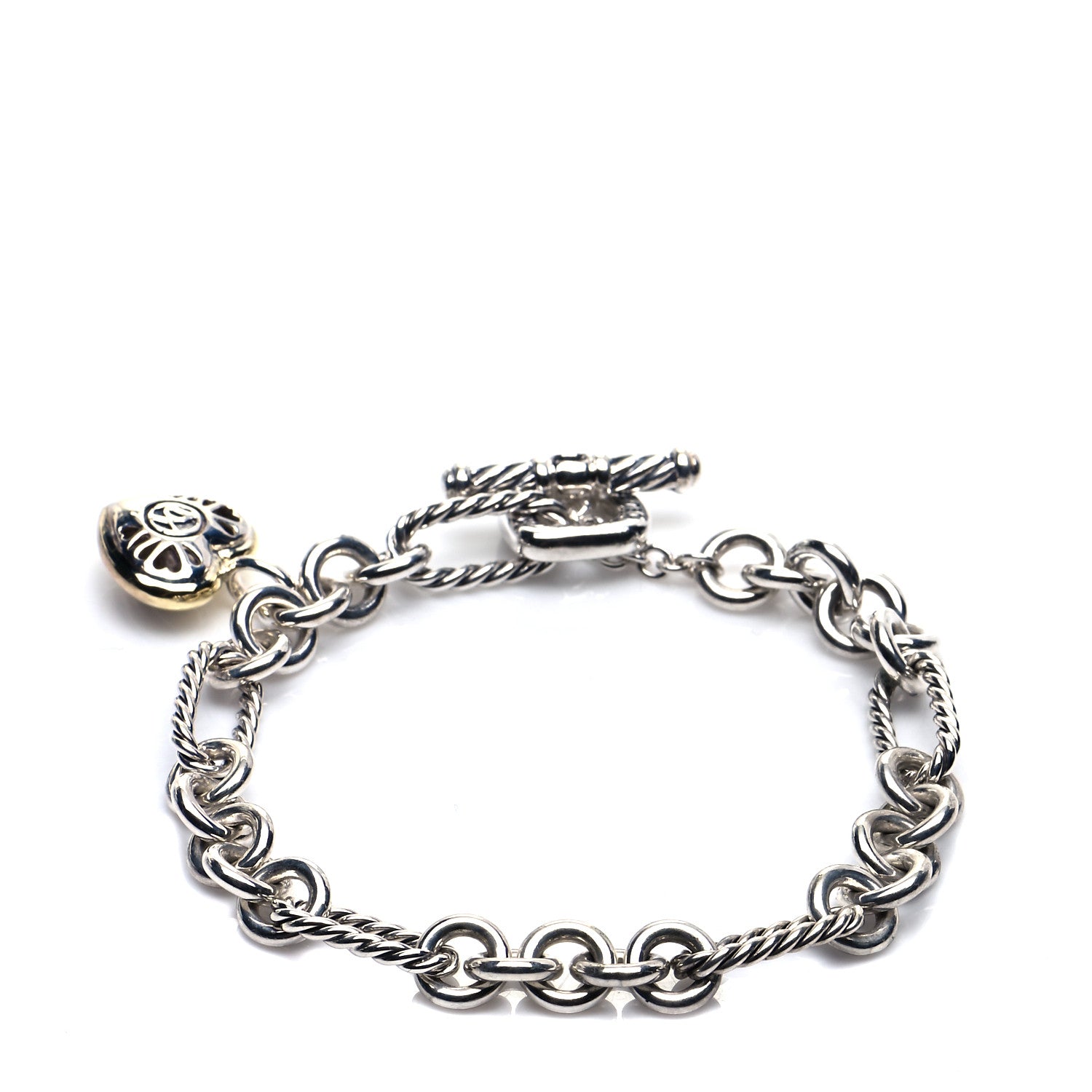 David Yurman Sterling Silver 18K Yellow Gold Cable Heart Charm Bracelet 1 of 5