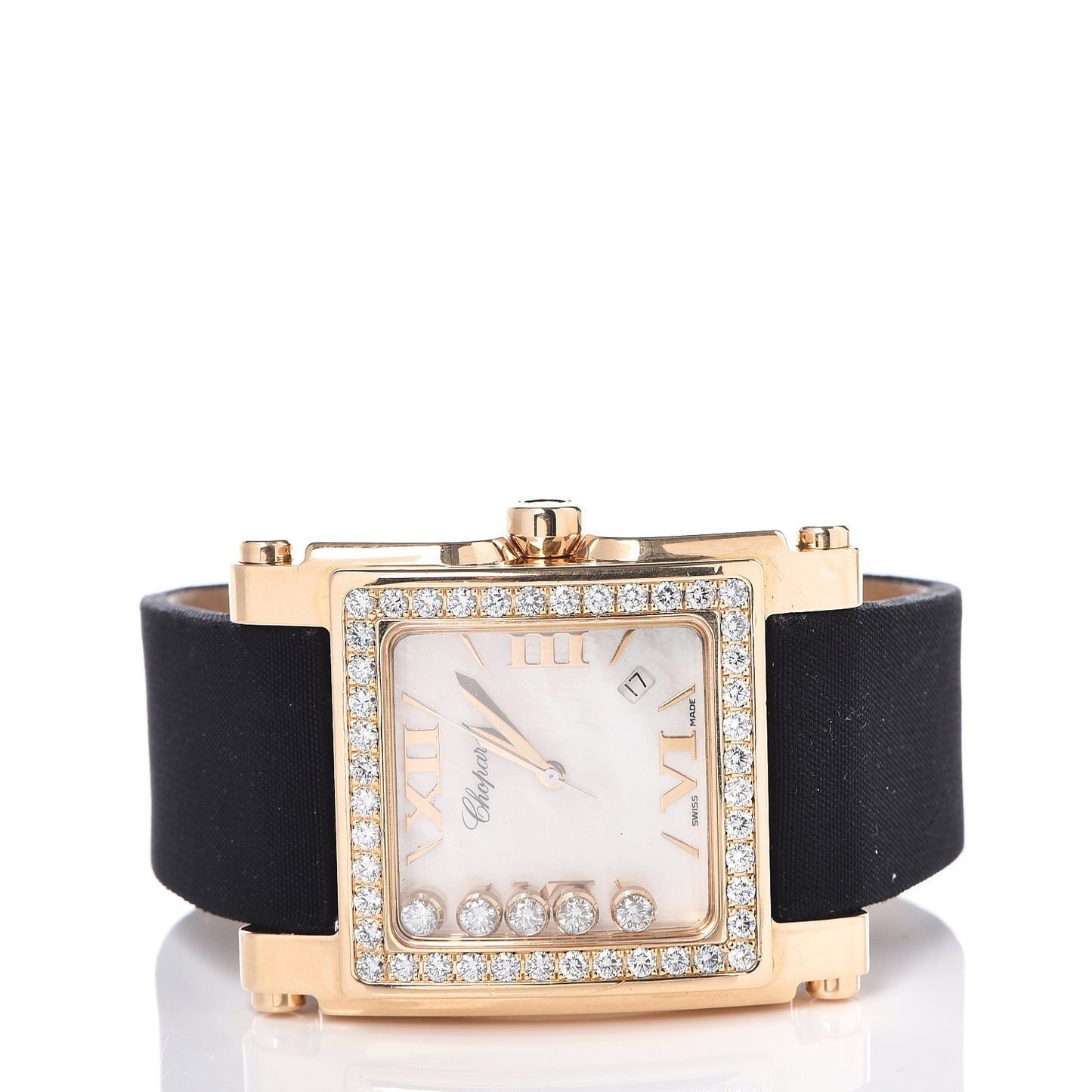 18K Yellow Gold Satin Diamond Bezel Mother of Pearl 36mm Happy Diamonds Quartz Watch