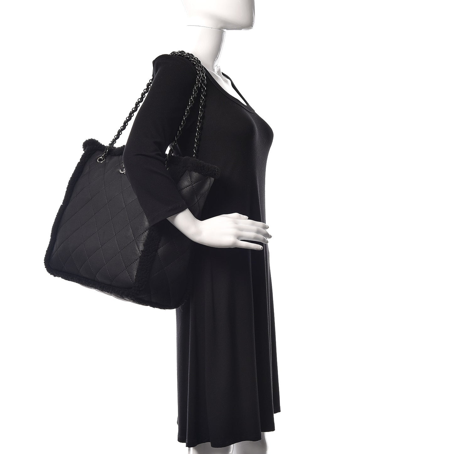 Lambskin Shearling Large Coco Neige Shopping Tote Black