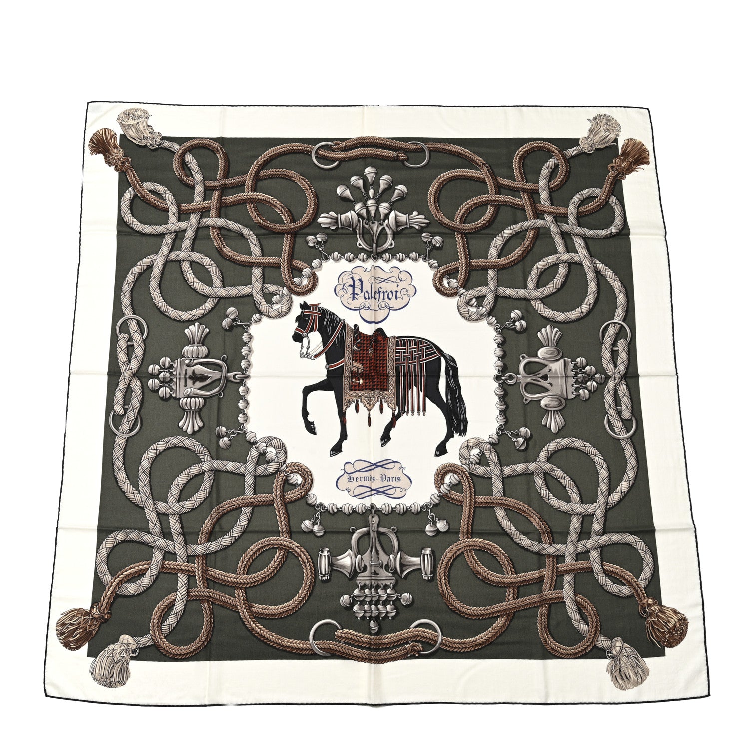Hermes Cashmere Silk Palefroi Scarf 140 White Vert Loden Gris Argent 1 of 4