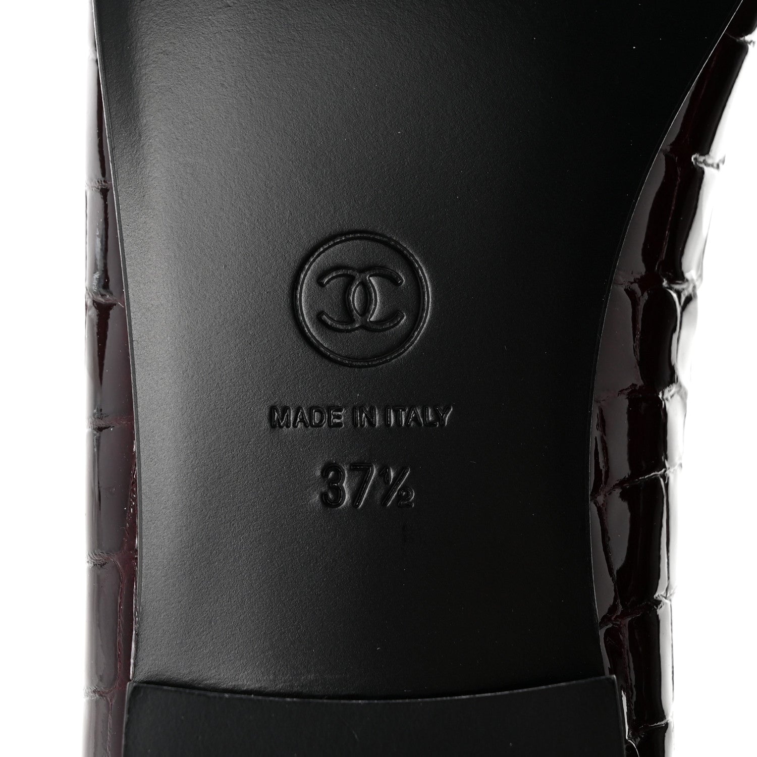 Chanel Crocodile Embossed Patent Calfskin Cap Toe CC Ballerina Flats 37.5 Dark Burgundy Black 7 of 10