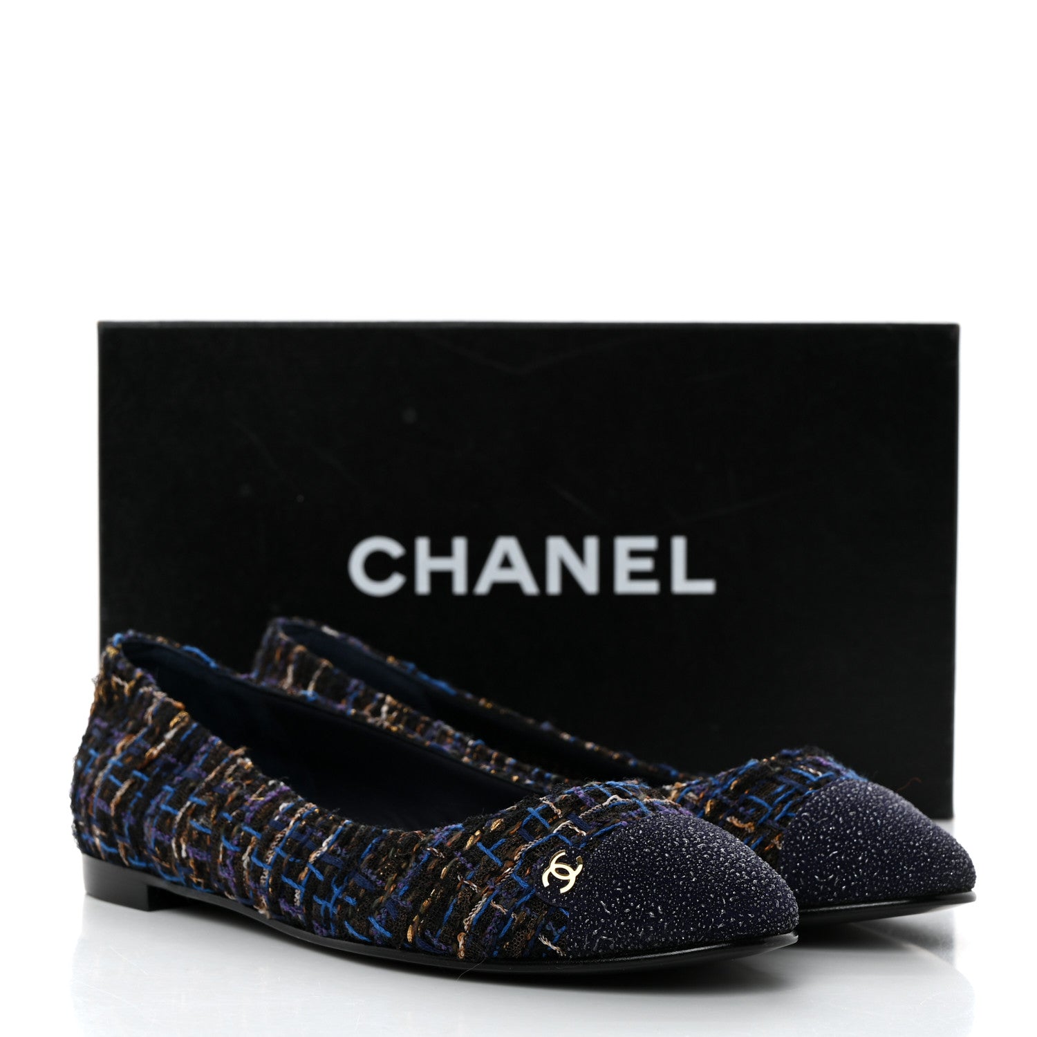 Chanel Tweed Cap Toe Ballerina Flats 37 Blue Black 9 of 9