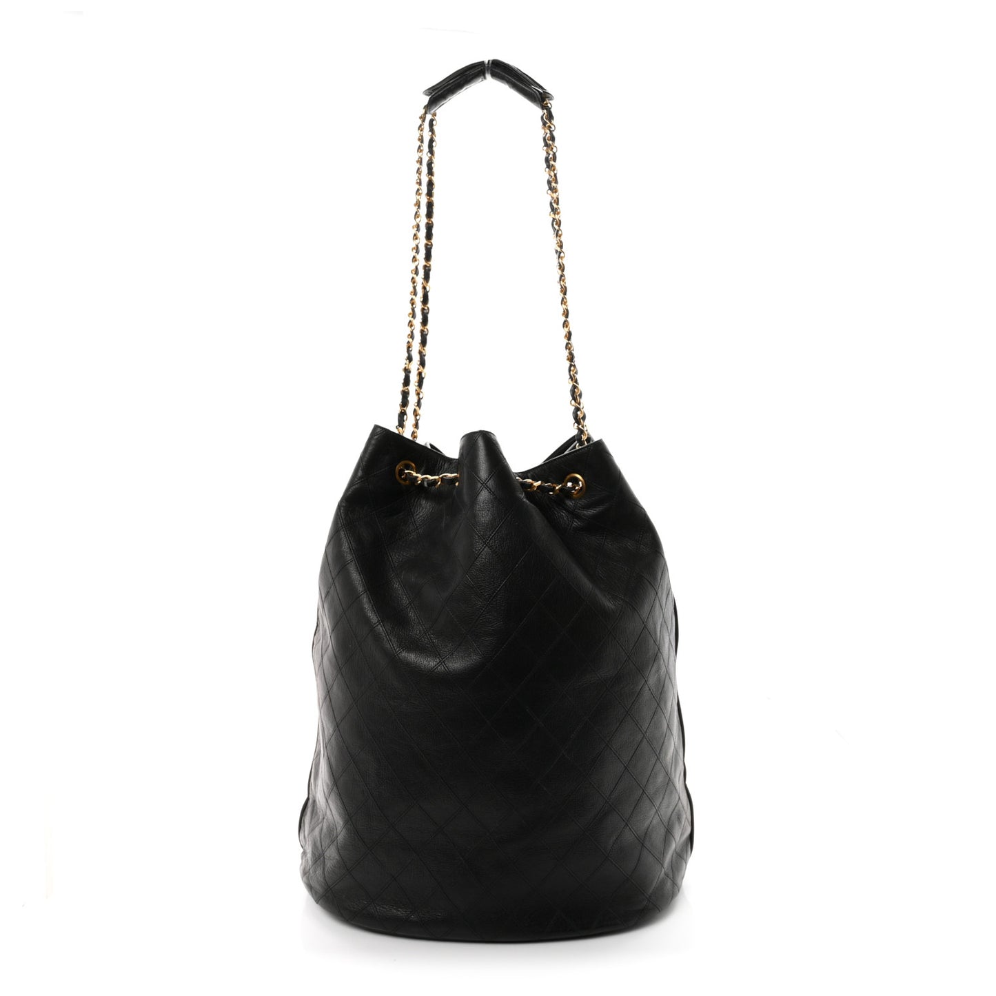 Lambskin Diamond Stitched Drawstring Shoulder Bag Black
