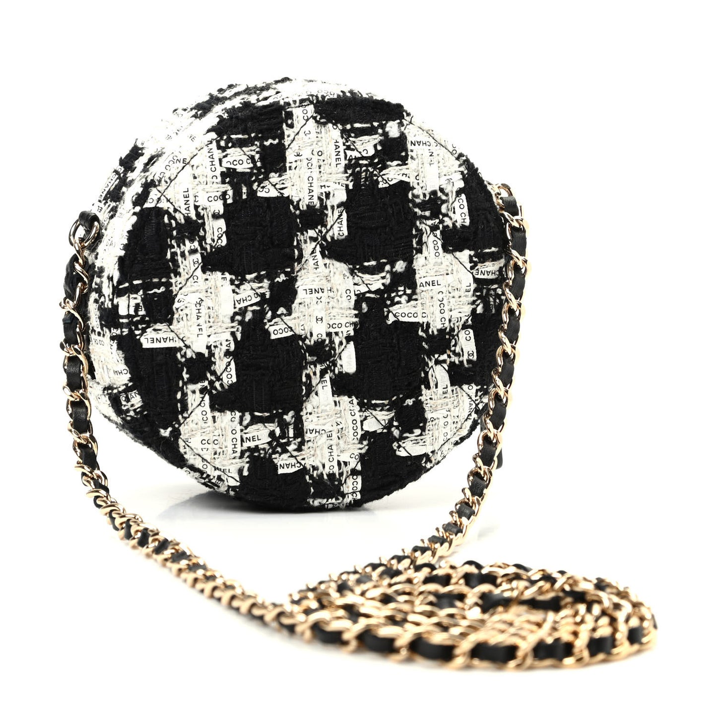 Tweed Quilted Round Clutch With Chain Black Ecru White