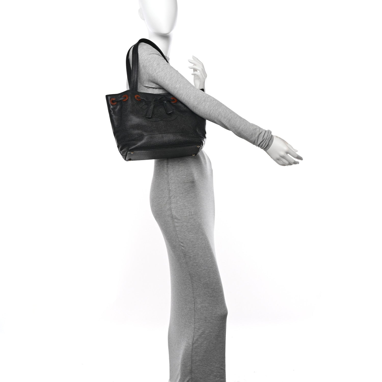 Chanel Caviar Wood CC Drawstring Bucket Bag Black 2 of 11