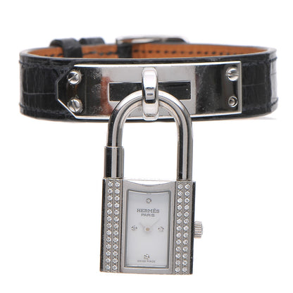 Hermes Stainless Steel Alligator Diamond Mother of Pearl 20mm Kelly Cadena Quartz Watch Noir 1 of 8