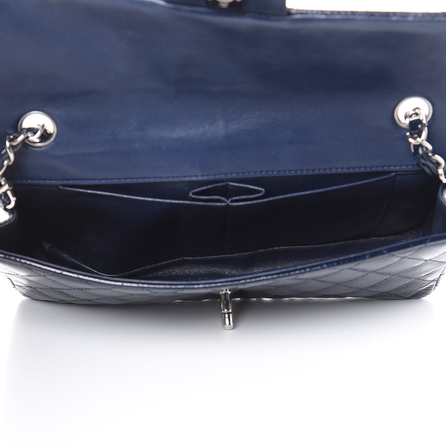 Distressed Patent Quilted East West Flap Navy Blue