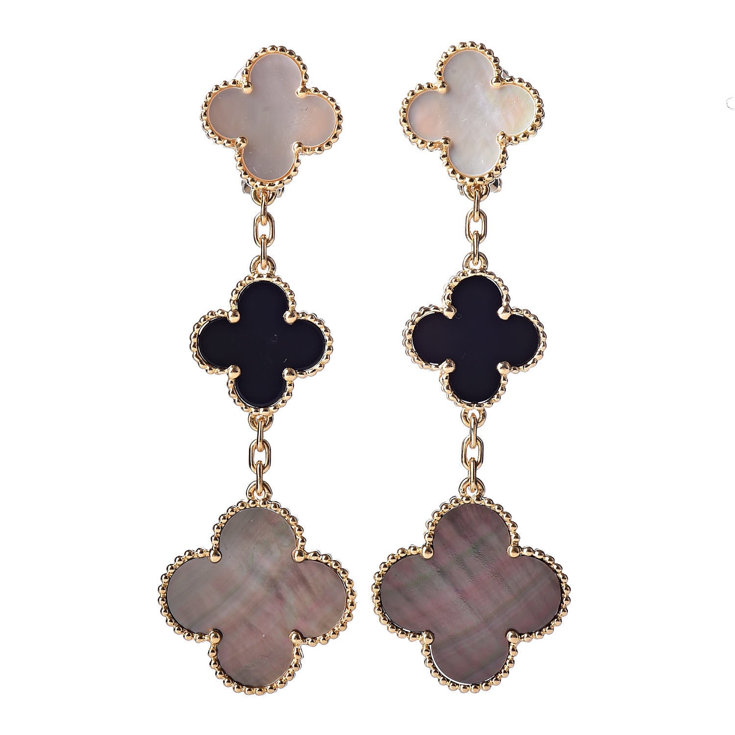 Van Cleef & Arpels 18K Yellow Gold Mother of Pearl Black Onyx 3 Motifs Magic Alhambra Earrings 1 of 4