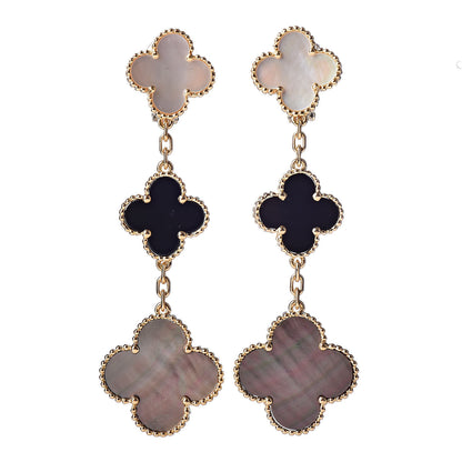 Van Cleef & Arpels 18K Yellow Gold Mother of Pearl Black Onyx 3 Motifs Magic Alhambra Earrings 1 of 4