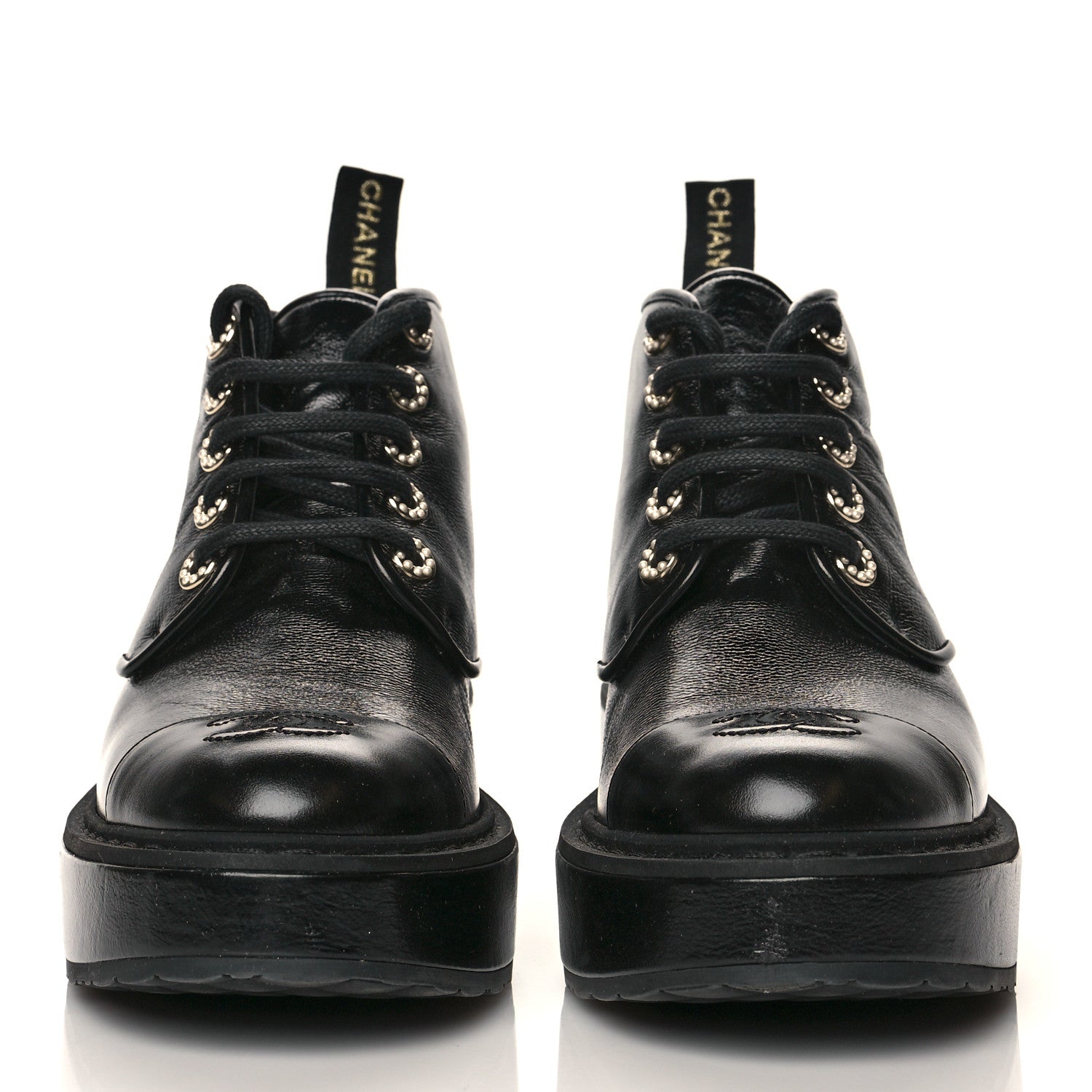 Chanel Shiny Calfskin Pearl Lace Up Combat Short Boots 38 Black 2 of 9