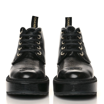 Chanel Shiny Calfskin Pearl Lace Up Combat Short Boots 38 Black 2 of 9