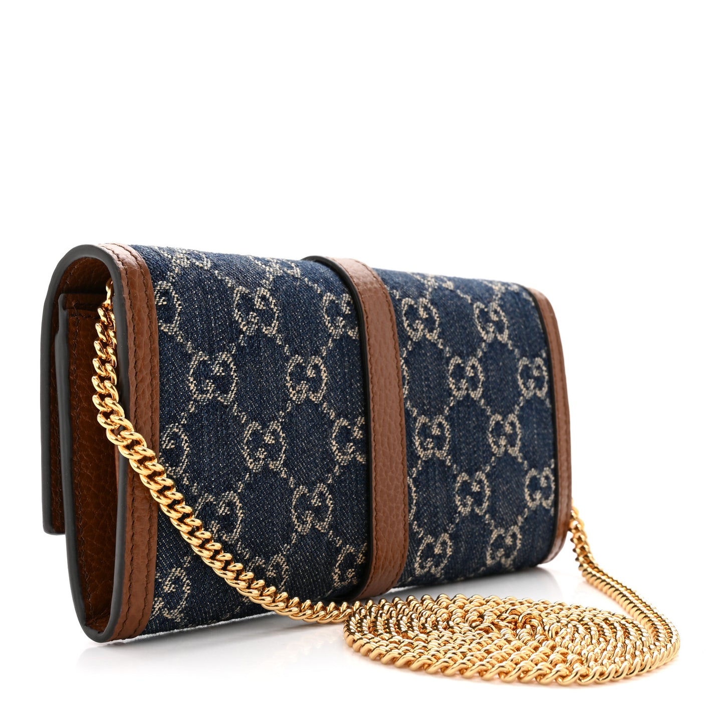 New Denim GG Monogram Jackie 1961 Chain Wallet Blue Tea Cuir