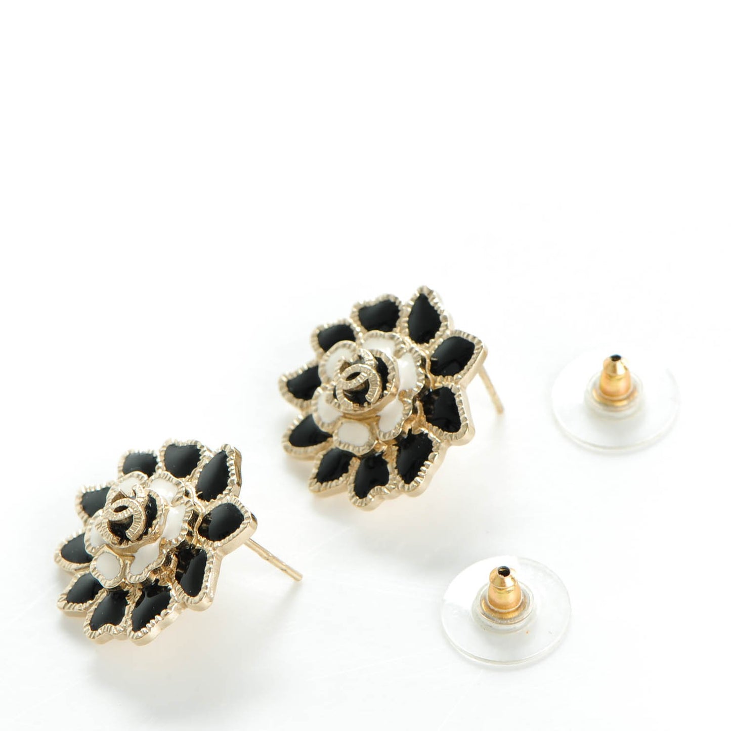 Enamel CC Camellia Earrings Black White Gold