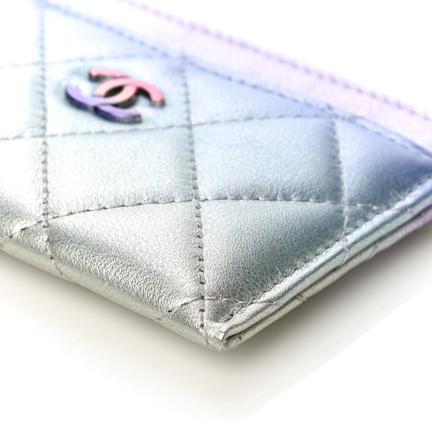 Chanel Gradient Metallic Calfskin Quilted Card Holder Silver Blue Yellow Purple 11 of 12