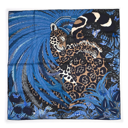 Hermes Silk Jaguar Quetzal Scarf 90 Bleu Jean Camel Marine 1 of 5