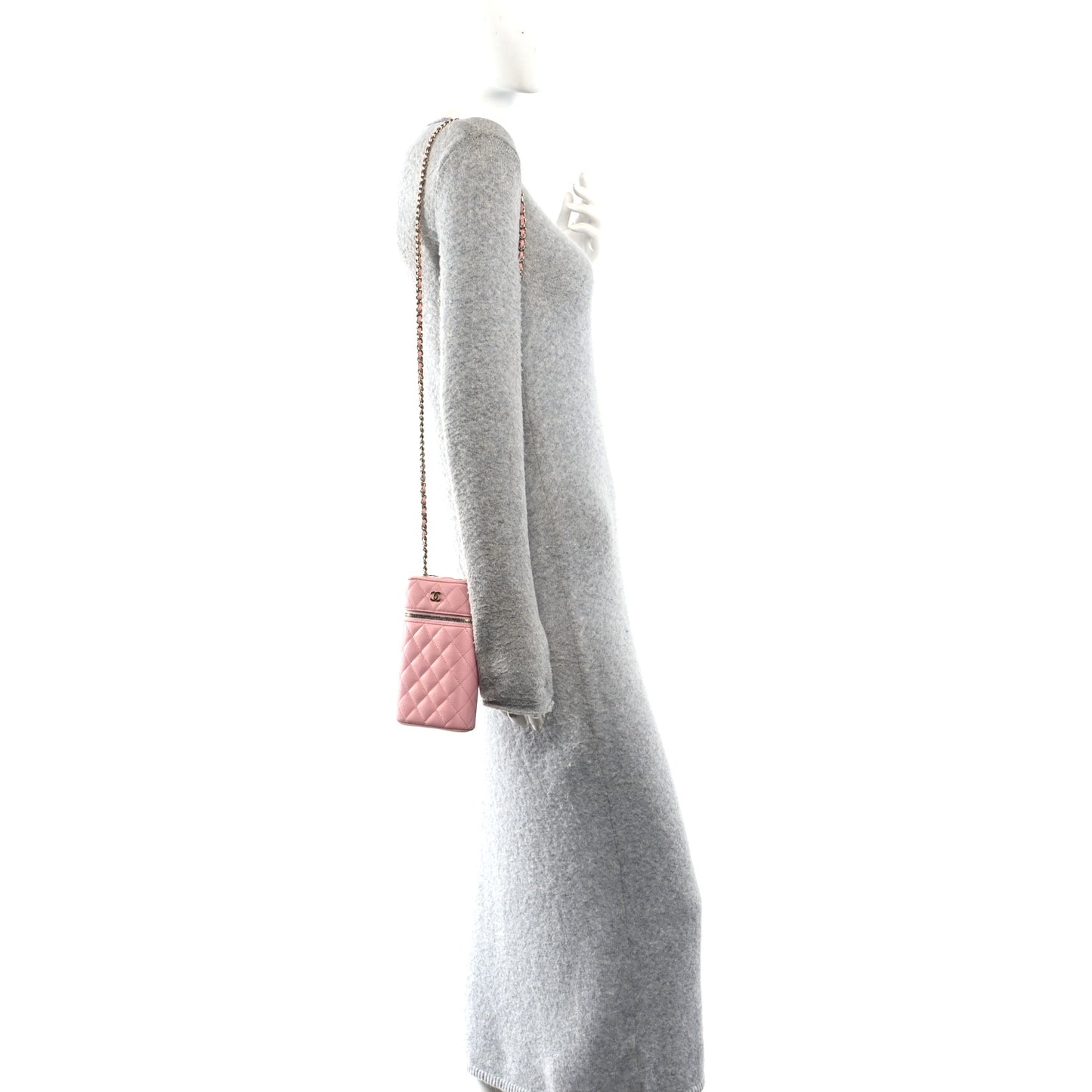 Caviar Quilted Phone Holder With Chain Pink