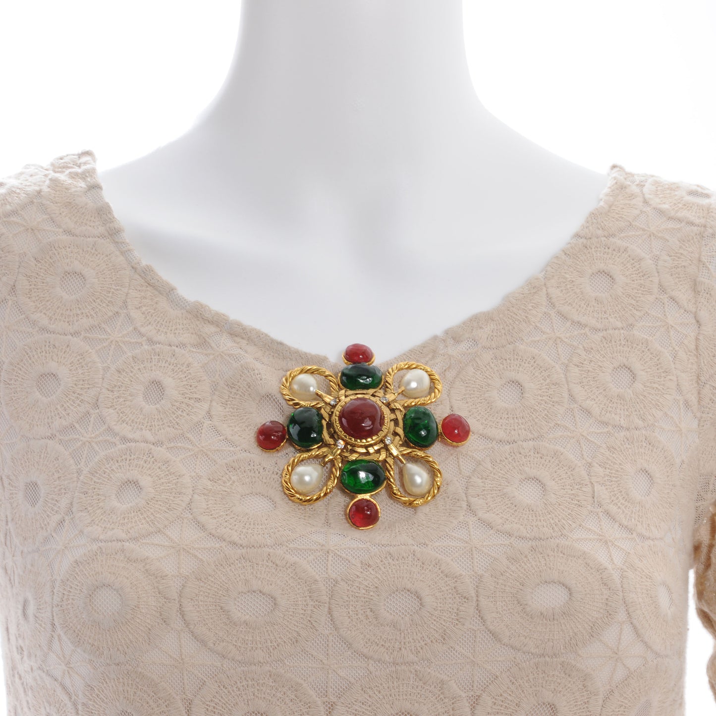 Gripoix Poured Glass Crystal Pearl Brooch Gold