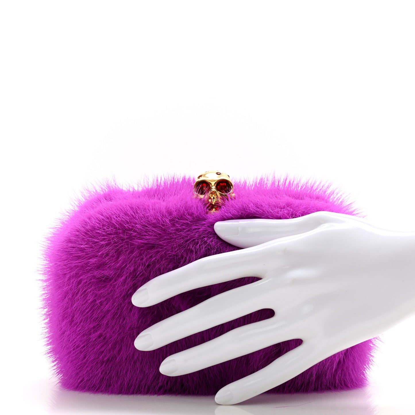 Mink Fur Britannia Skull Box Clutch Fuchsia