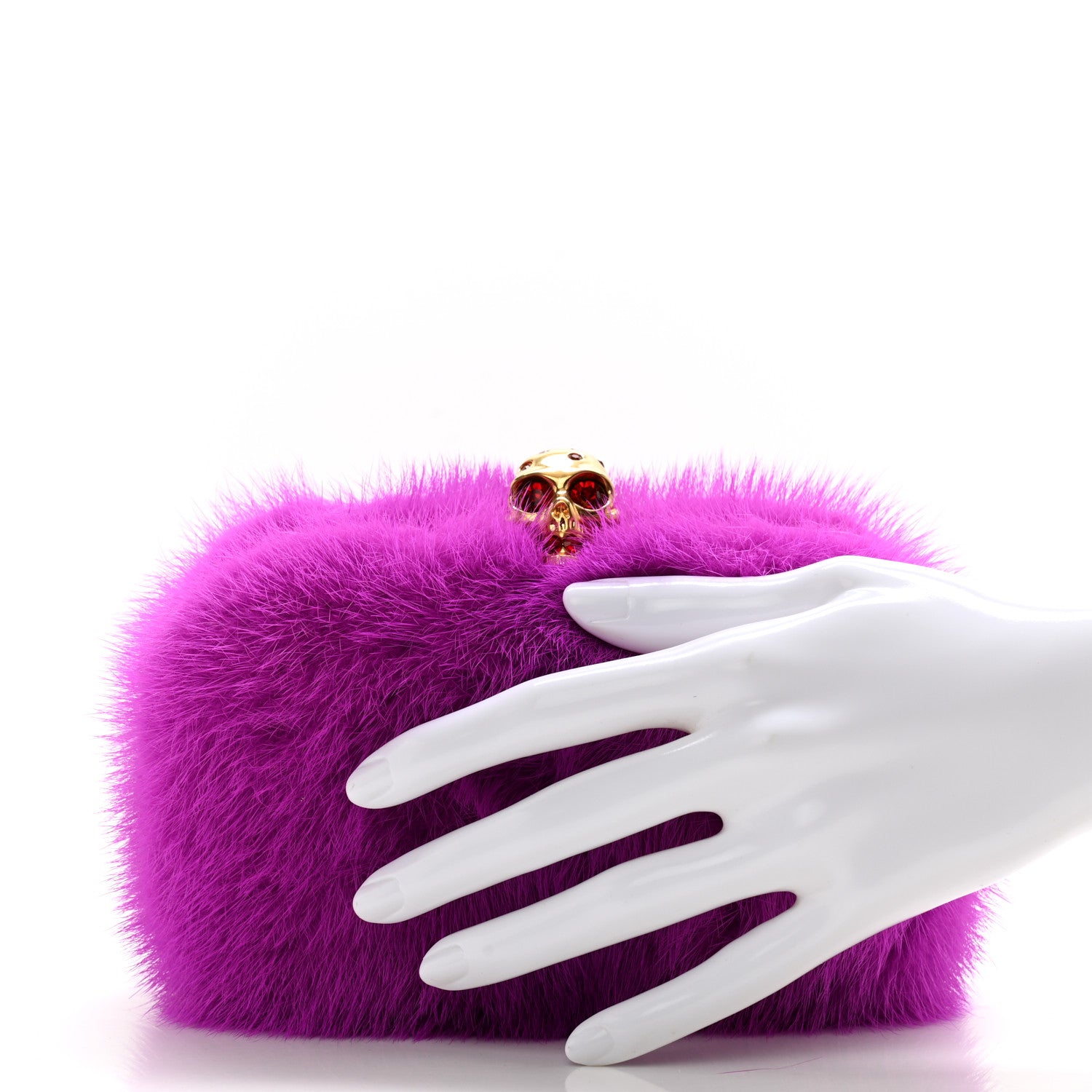 Alexander McQueen Mink Fur Britannia Skull Box Clutch Fuchsia 2 of 8