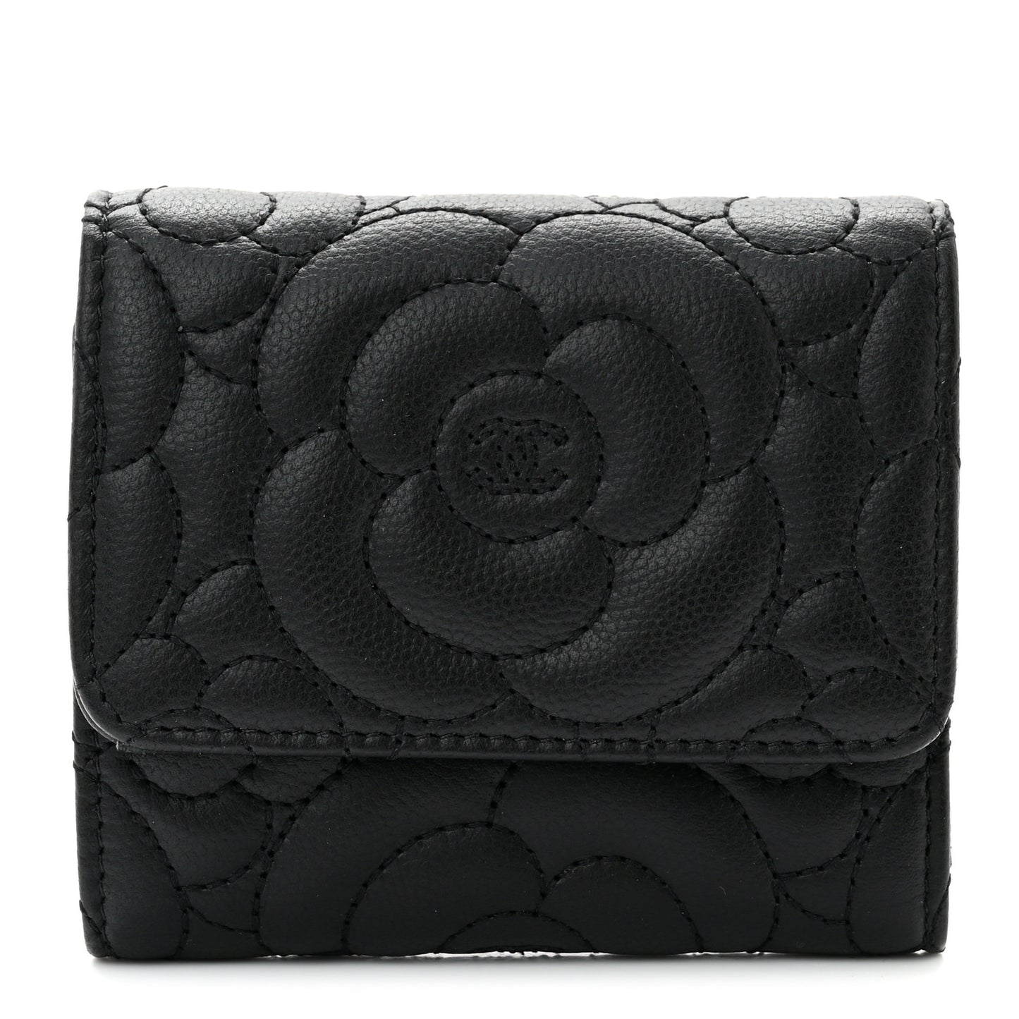 Caviar Camellia Embossed Compact Wallet Black