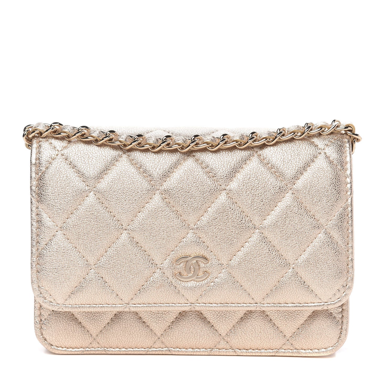 Metallic Lambskin Quilted Mini Wallet On Chain WOC Gold