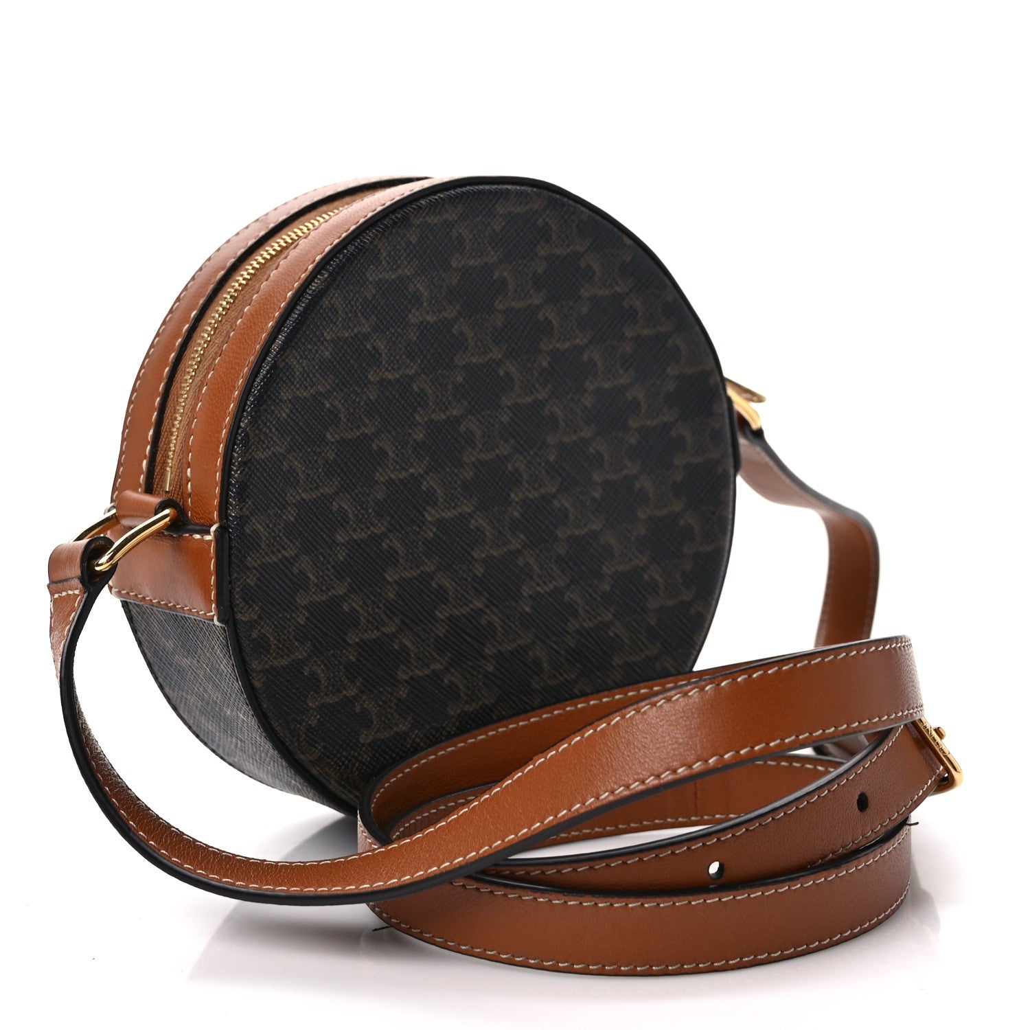 Celine Lambskin Triomphe Canvas Round Purse On Strap Black Tan 3 of 10