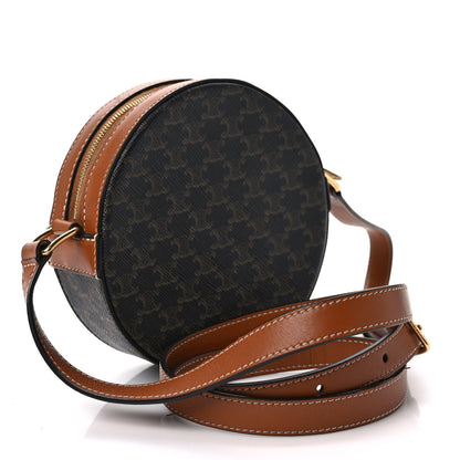 Celine Lambskin Triomphe Canvas Round Purse On Strap Black Tan 3 of 10