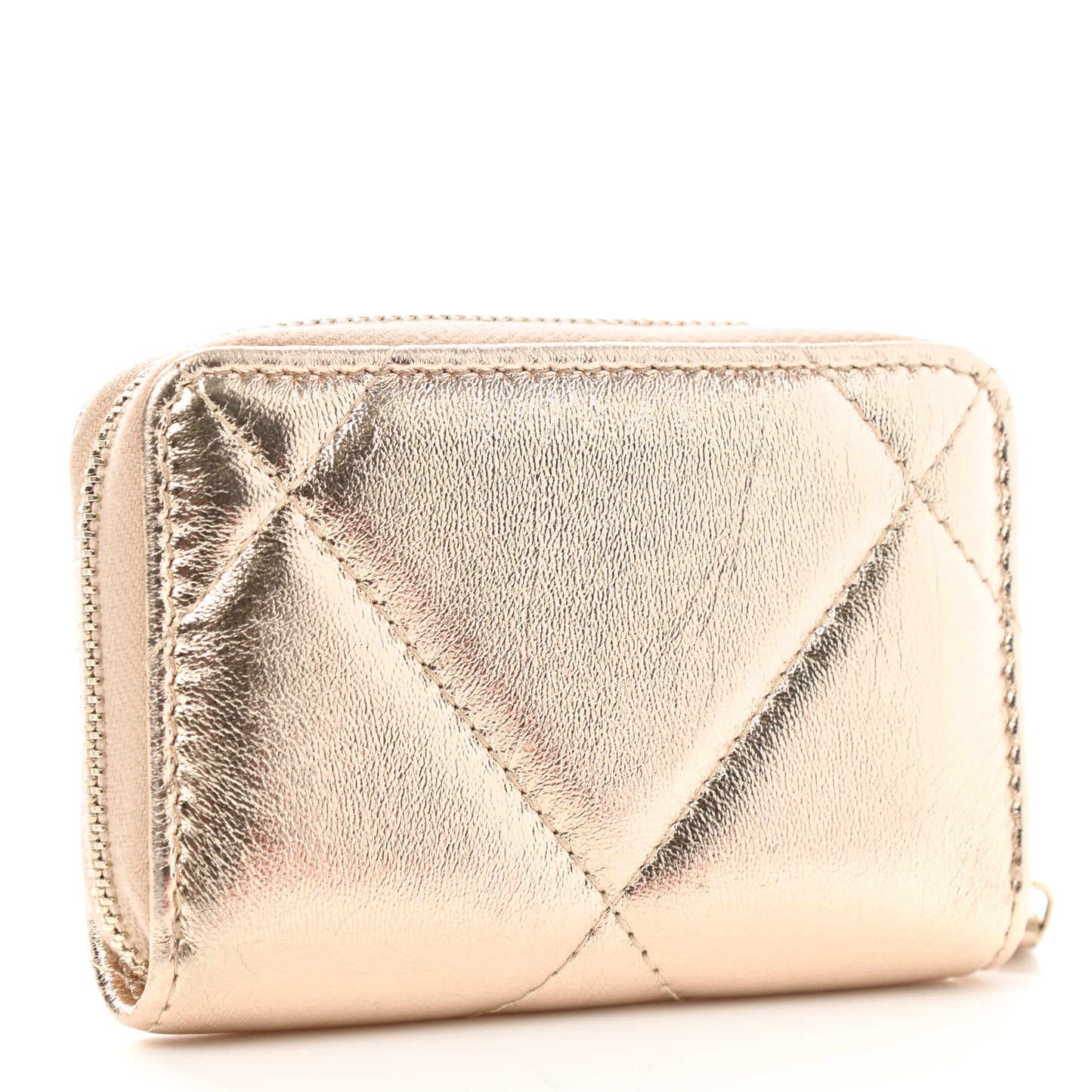 Metallic Lambskin Quilted Chanel 19 Zip Around Coin Purse Wallet Gold