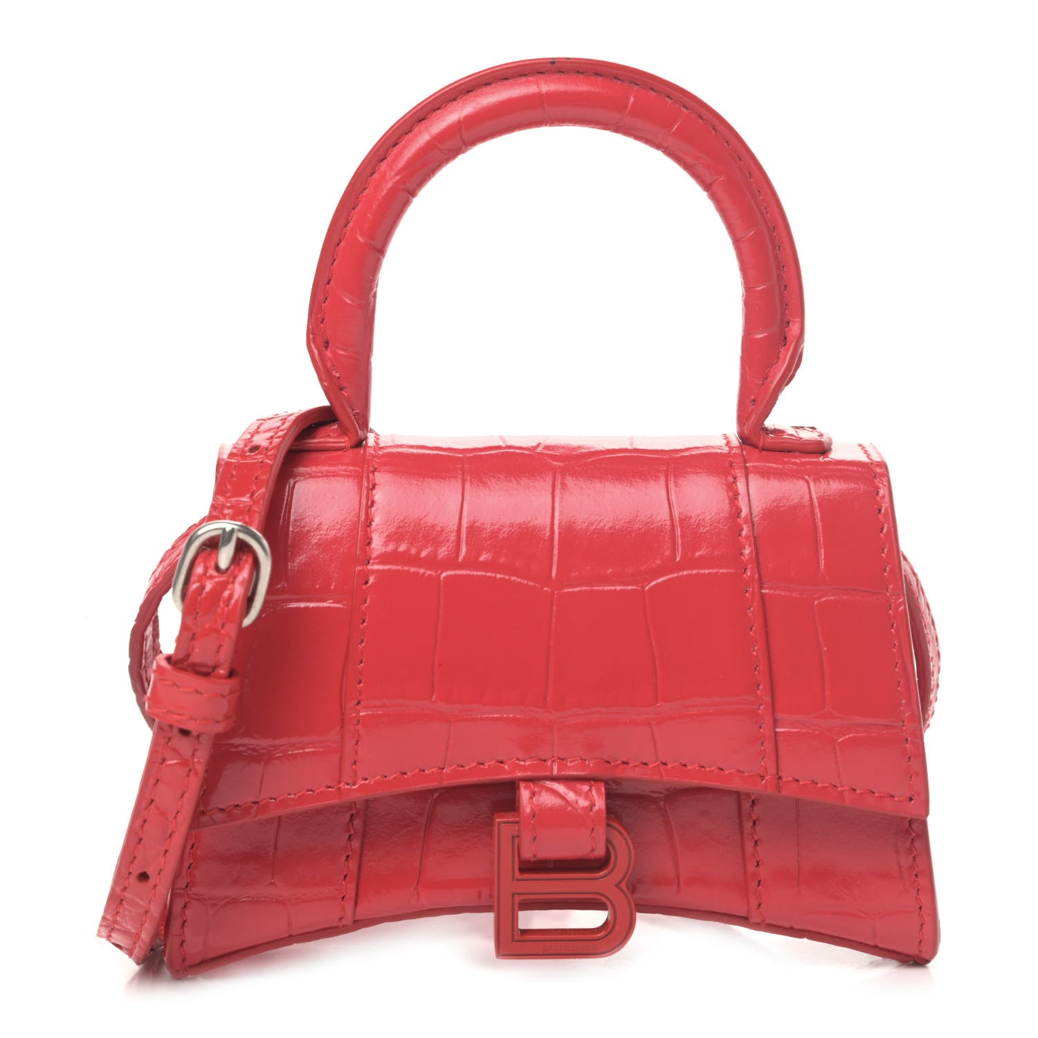 Balenciaga Shiny Calfskin Tonal B Crocodile Embossed Hourglass Top Handle Bag Mini Bright Red 1 of 4