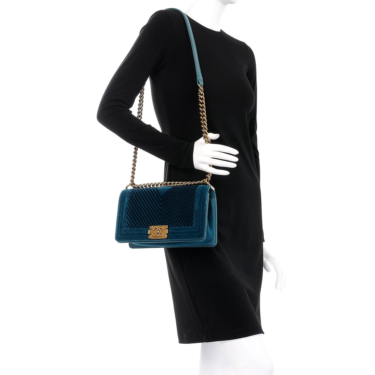 Chanel Velvet Chevron Quilted Medium Boy Flap Peacock Blue 2 of 7