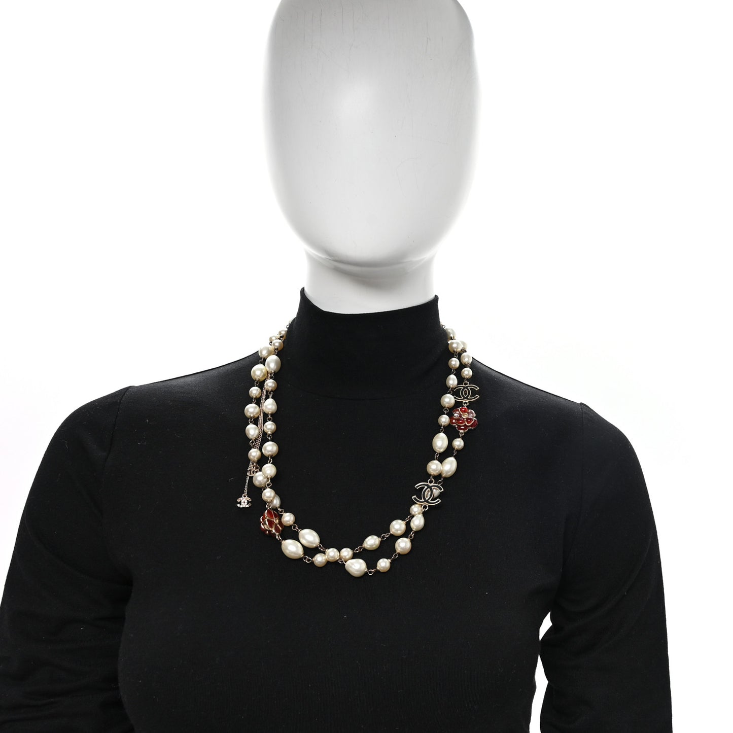 Pearl Enamel CC Camellia Long Necklace Black Red Gold