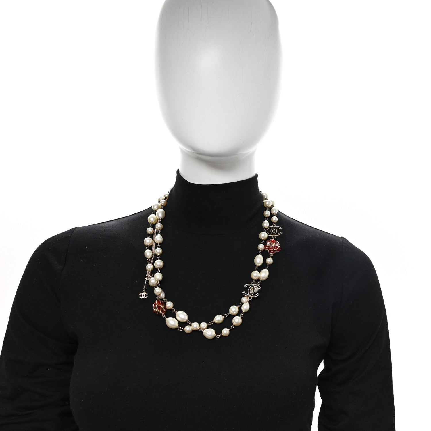 Chanel Pearl Enamel CC Camellia Long Necklace Black Red Gold 2 of 6