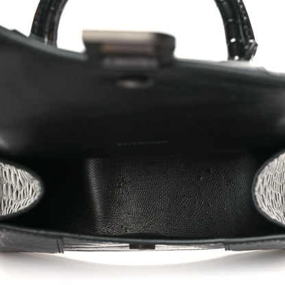 Balenciaga Shiny Calfskin Crocodile Embossed Hourglass Top Handle Bag XS Gunmetal 4 of 9