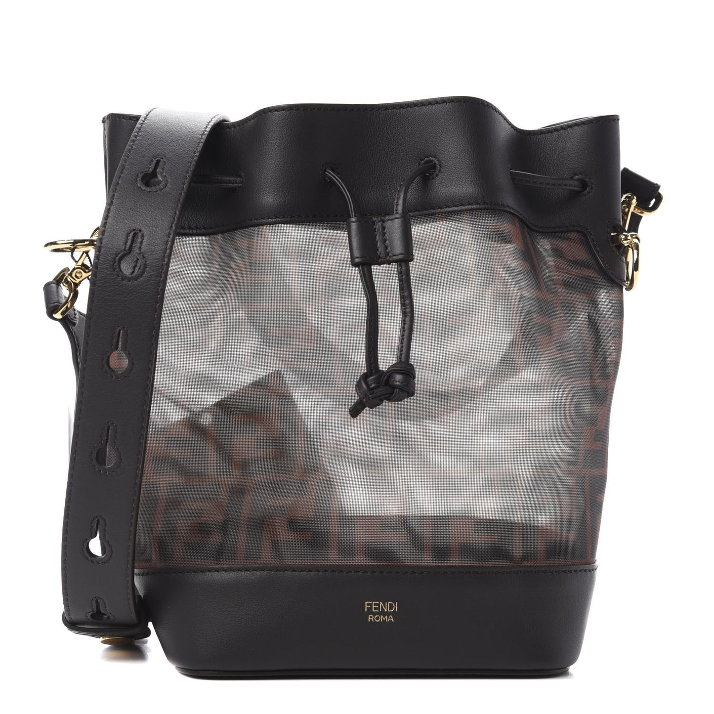 Mesh Vitello Grace F is Fendi FF 1974 Grande Mon Tresor Bucket Bag Marrone Black Ebano